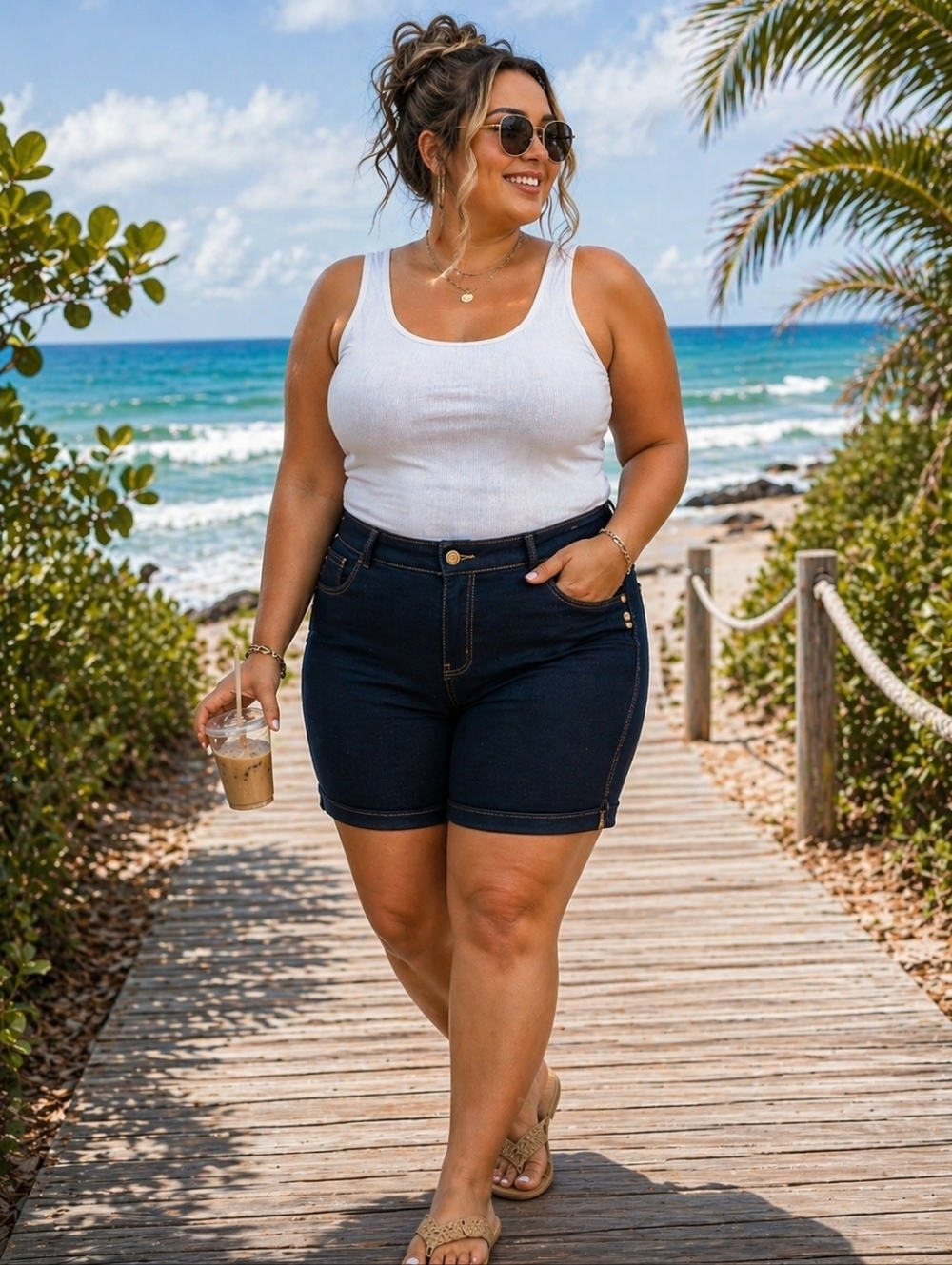 My Style Dark Wash Stretch Denim Shorts Size 16 Button Detail